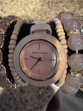 Armani Exchange Pink Leather Strap Watch with Beaded Accent